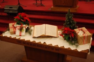 Gifts Wrapped Using Sheet Music Church Altar Christmas Decorations