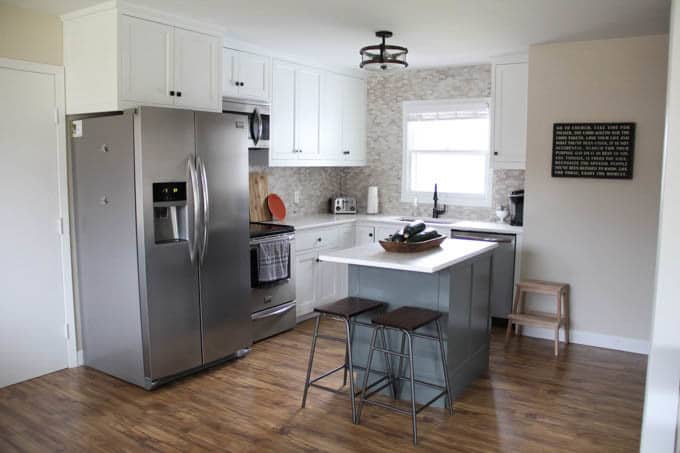 White and Gray Two tone kitchen with mosaic backsplash