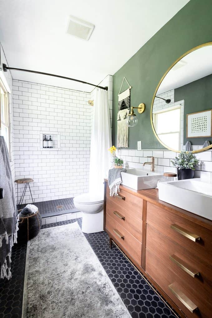 Modern Bathroom with Dresser Vanity and Subway Tile