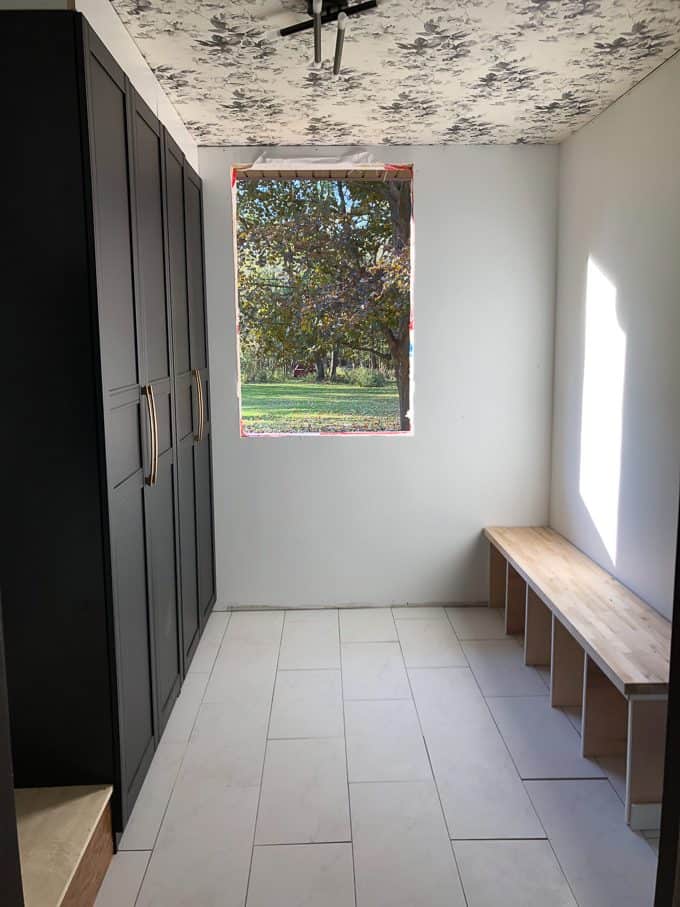 Mudroom with Wallpaper on Ceiling
