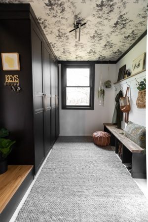 Mudroom with Wallpaper on Ceiling